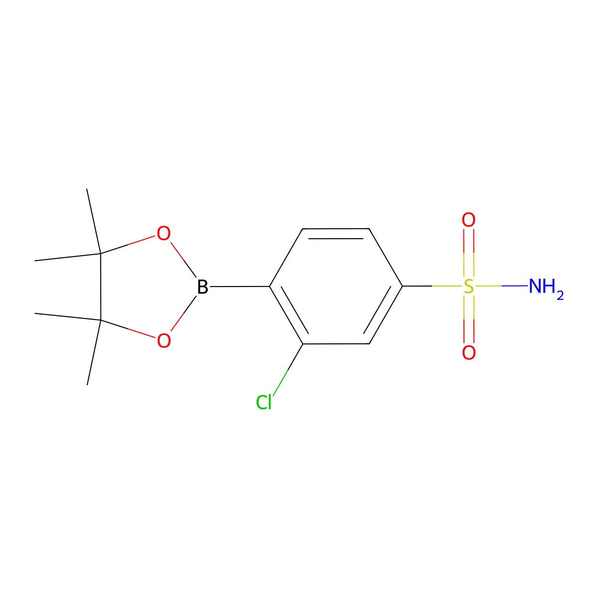 3-Chloro-4-(4,4,5,5-tetramethyl-1,3,2-dioxaborolan-2-yl)benzene-1-sulfonamide molecular structure, CAS 2818961-92-9
