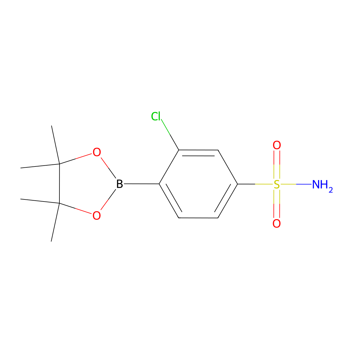 3-Chloro-4-(4,4,5,5-tetramethyl-1,3,2-dioxaborolan-2-yl)benzene-1-sulfonamide molecular structure, CAS 2818961-92-9