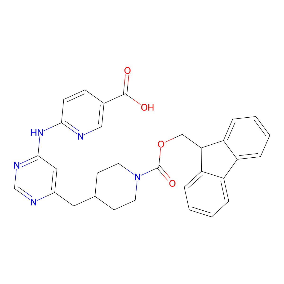 6-((6-((1-(((9H-fluoren-9-yl)methoxy)carbonyl)piperidin-4-yl)methyl)pyrimidin-4-yl)amino)nicotinic acid molecular structure, CAS 2819277-13-7