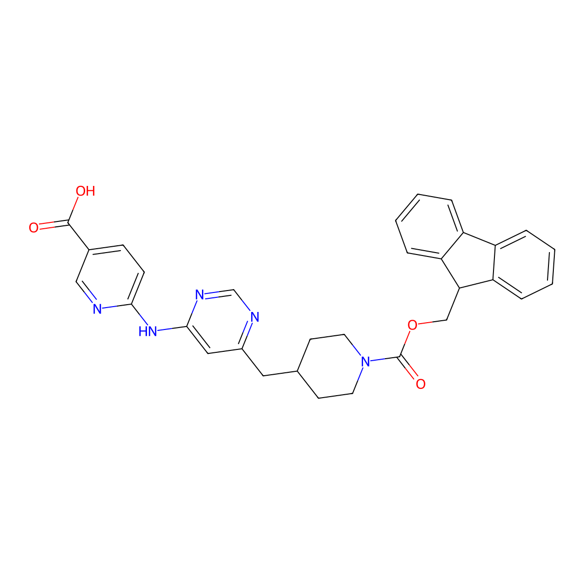 6-((6-((1-(((9H-fluoren-9-yl)methoxy)carbonyl)piperidin-4-yl)methyl)pyrimidin-4-yl)amino)nicotinic acid molecular structure, CAS 2819277-13-7