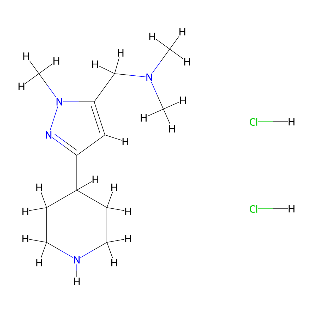 N,N-dimethyl-1-(1-methyl-3-(piperidin-4-yl)-1H-pyrazol-5-yl)methanamine dihydrochloride molecular structure, CAS 2819384-46-6
