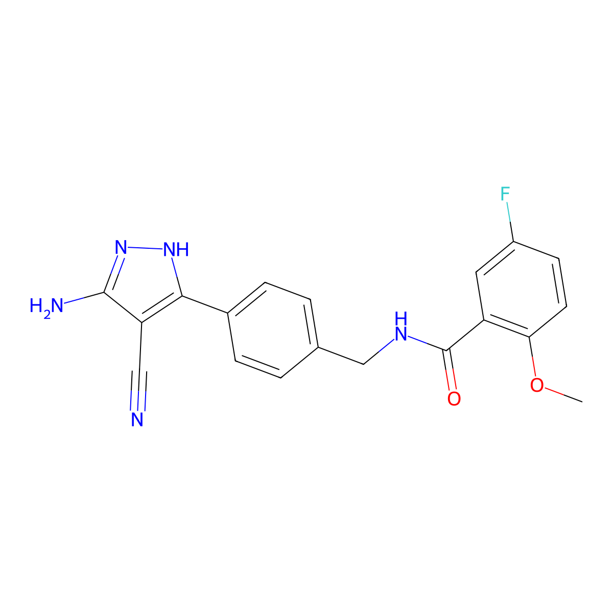 N-(4-(5-amino-4-cyano-1H-pyrazol-3-yl)benzyl)-5-fluoro-2-methoxybenzamide molecular structure, CAS 2819683-08-2