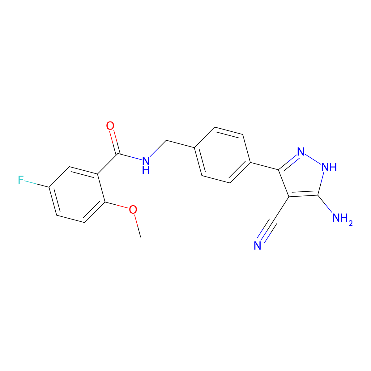N-(4-(5-amino-4-cyano-1H-pyrazol-3-yl)benzyl)-5-fluoro-2-methoxybenzamide molecular structure, CAS 2819683-08-2