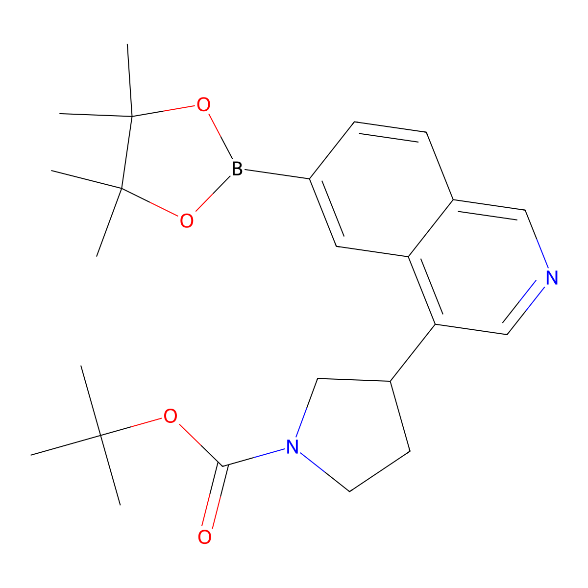 Tert-butyl 3-(6-(4,4,5,5-tetramethyl-1,3,2-dioxaborolan-2-yl)isoquinolin-4-yl)pyrrolidine-1-carboxylate molecular structure, CAS 2819706-40-4