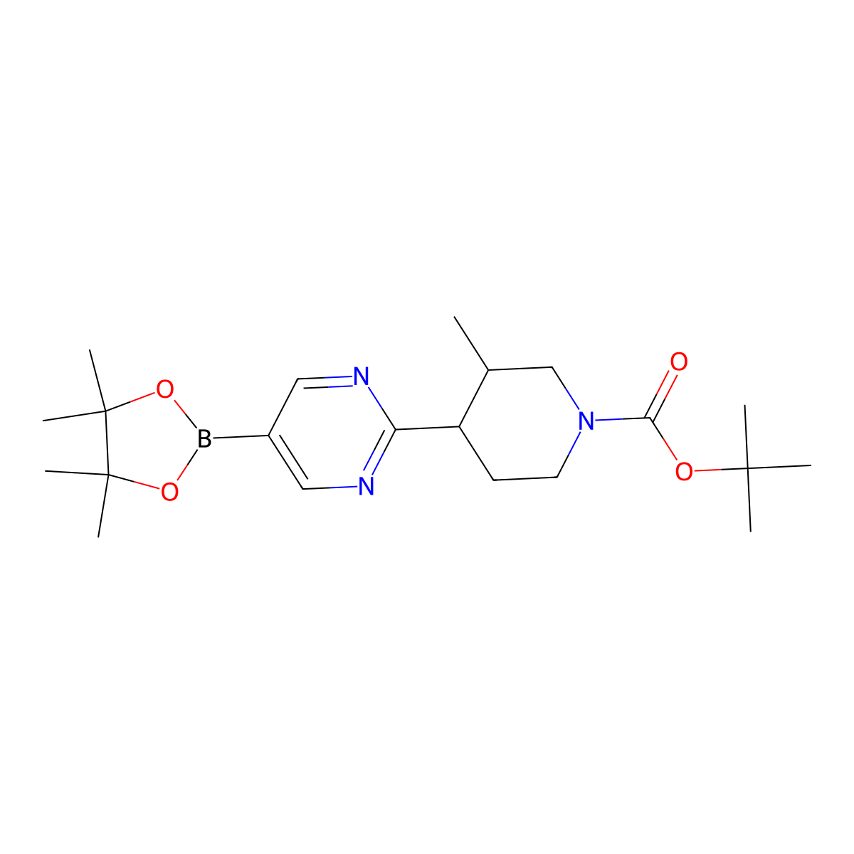 Tert-butyl 3-methyl-4-(5-(4,4,5,5-tetramethyl-1,3,2-dioxaborolan-2-yl)pyrimidin-2-yl)piperidine-1-carboxylate molecular structure, CAS 2819706-72-2