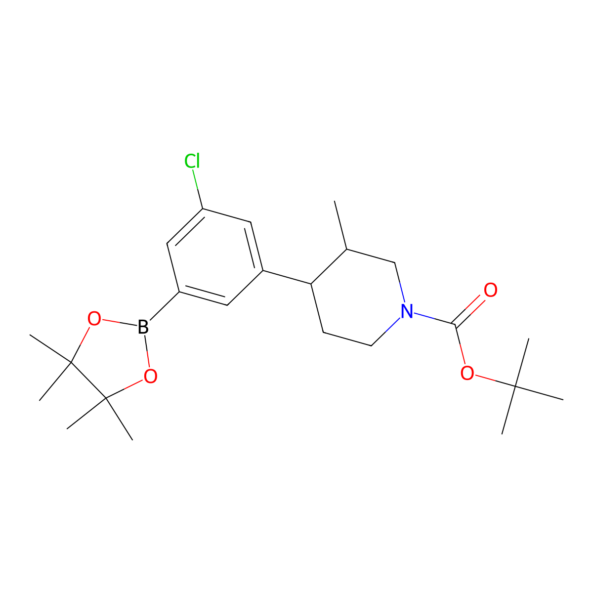 Tert-butyl 4-(3-chloro-5-(4,4,5,5-tetramethyl-1,3,2-dioxaborolan-2-yl)phenyl)-3-methylpiperidine-1-carboxylate molecular structure, CAS 2819706-76-6