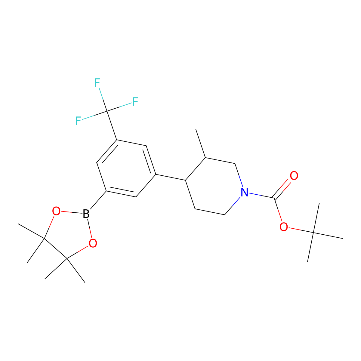Tert-butyl 3-methyl-4-(3-(4,4,5,5-tetramethyl-1,3,2-dioxaborolan-2-yl)-5-(trifluoromethyl)phenyl)piperidine-1-carboxylate molecular structure, CAS 2819706-81-3