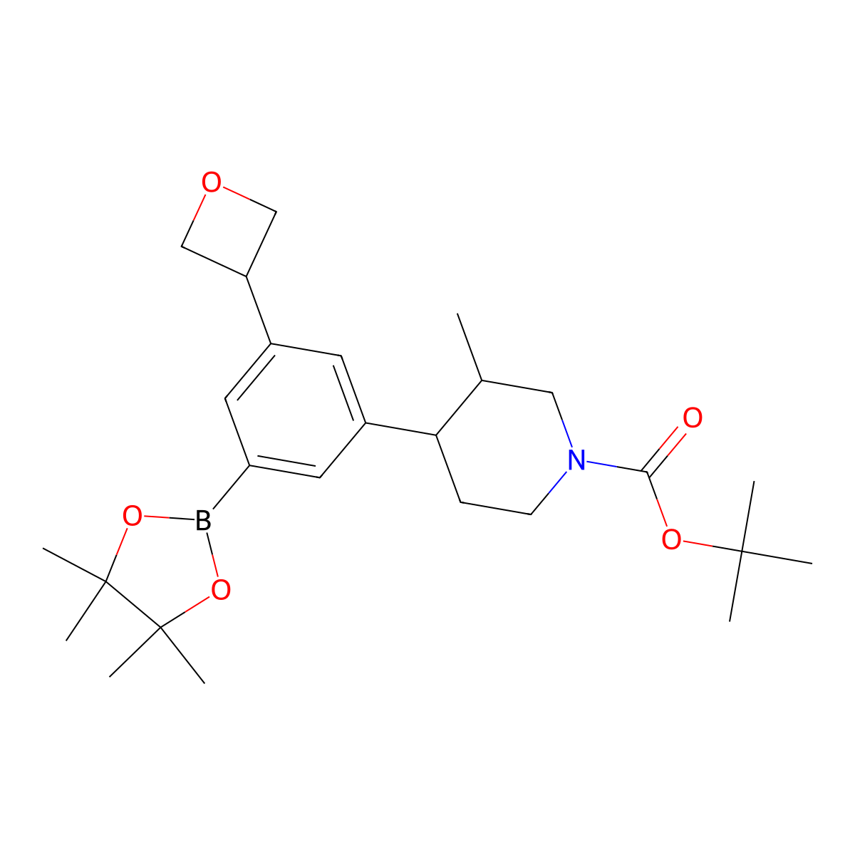 Tert-butyl 3-methyl-4-(3-(oxetan-3-yl)-5-(4,4,5,5-tetramethyl-1,3,2-dioxaborolan-2-yl)phenyl)piperidine-1-carboxylate molecular structure, CAS 2819706-83-5