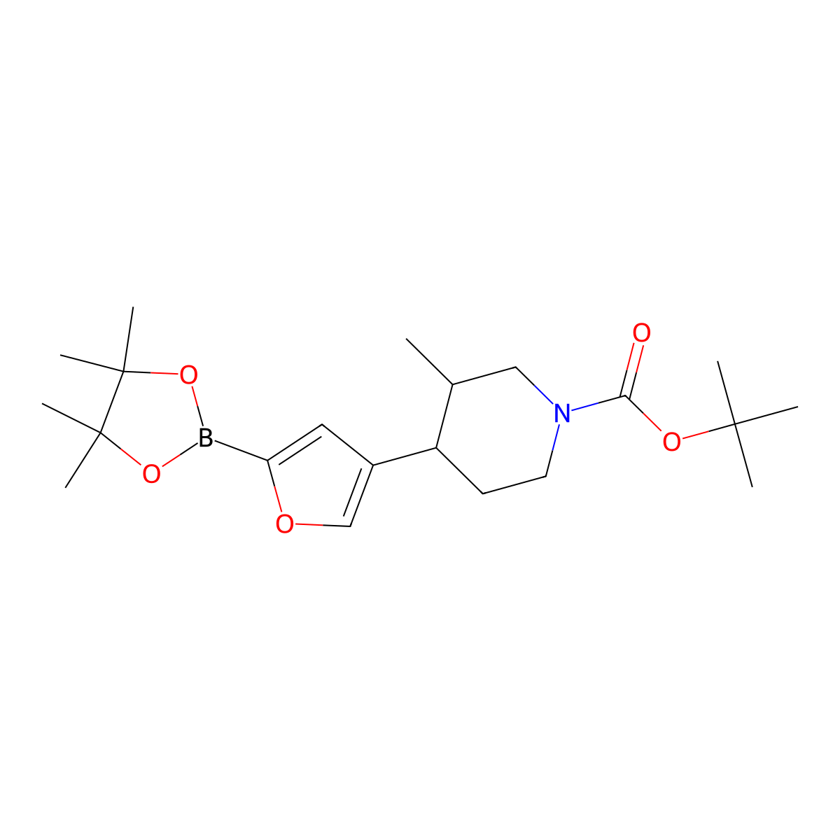 Tert-butyl 3-methyl-4-(5-(4,4,5,5-tetramethyl-1,3,2-dioxaborolan-2-yl)furan-3-yl)piperidine-1-carboxylate molecular structure, CAS 2819706-87-9