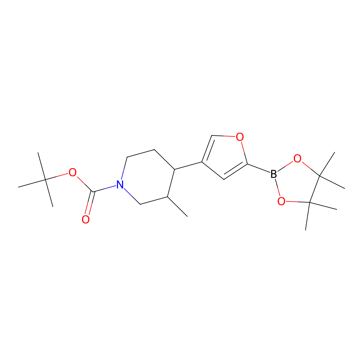 Tert-butyl 3-methyl-4-(5-(4,4,5,5-tetramethyl-1,3,2-dioxaborolan-2-yl)furan-3-yl)piperidine-1-carboxylate molecular structure, CAS 2819706-87-9