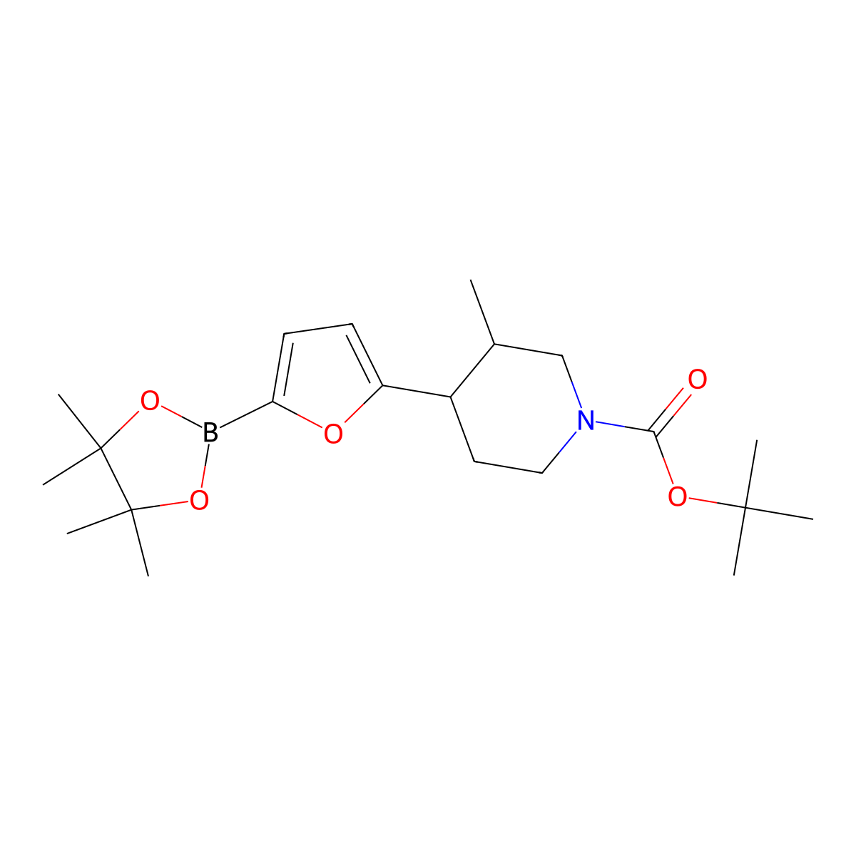 Tert-butyl 3-methyl-4-(5-(4,4,5,5-tetramethyl-1,3,2-dioxaborolan-2-yl)furan-2-yl)piperidine-1-carboxylate molecular structure, CAS 2819706-88-0