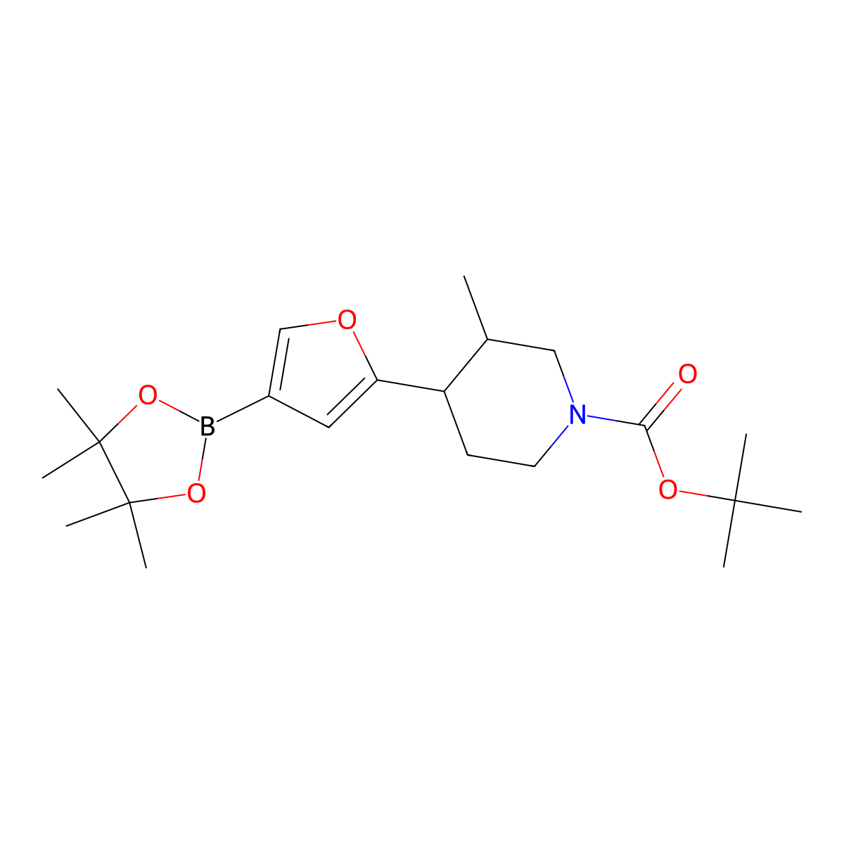 Tert-butyl 3-methyl-4-(4-(4,4,5,5-tetramethyl-1,3,2-dioxaborolan-2-yl)furan-2-yl)piperidine-1-carboxylate molecular structure, CAS 2819706-89-1