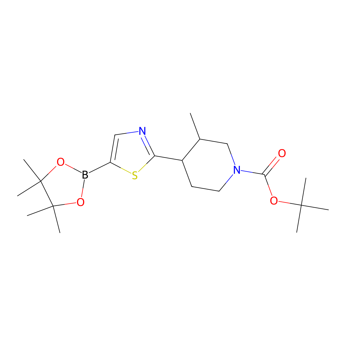 Tert-butyl 3-methyl-4-(5-(4,4,5,5-tetramethyl-1,3,2-dioxaborolan-2-yl)thiazol-2-yl)piperidine-1-carboxylate molecular structure, CAS 2819706-90-4