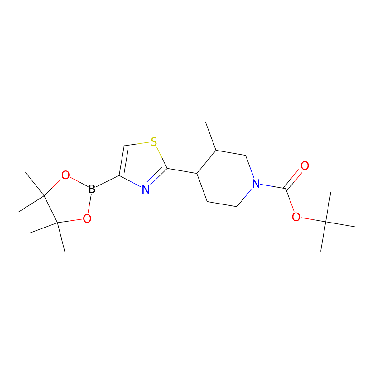 Tert-butyl 3-methyl-4-(4-(4,4,5,5-tetramethyl-1,3,2-dioxaborolan-2-yl)thiazol-2-yl)piperidine-1-carboxylate molecular structure, CAS 2819706-91-5