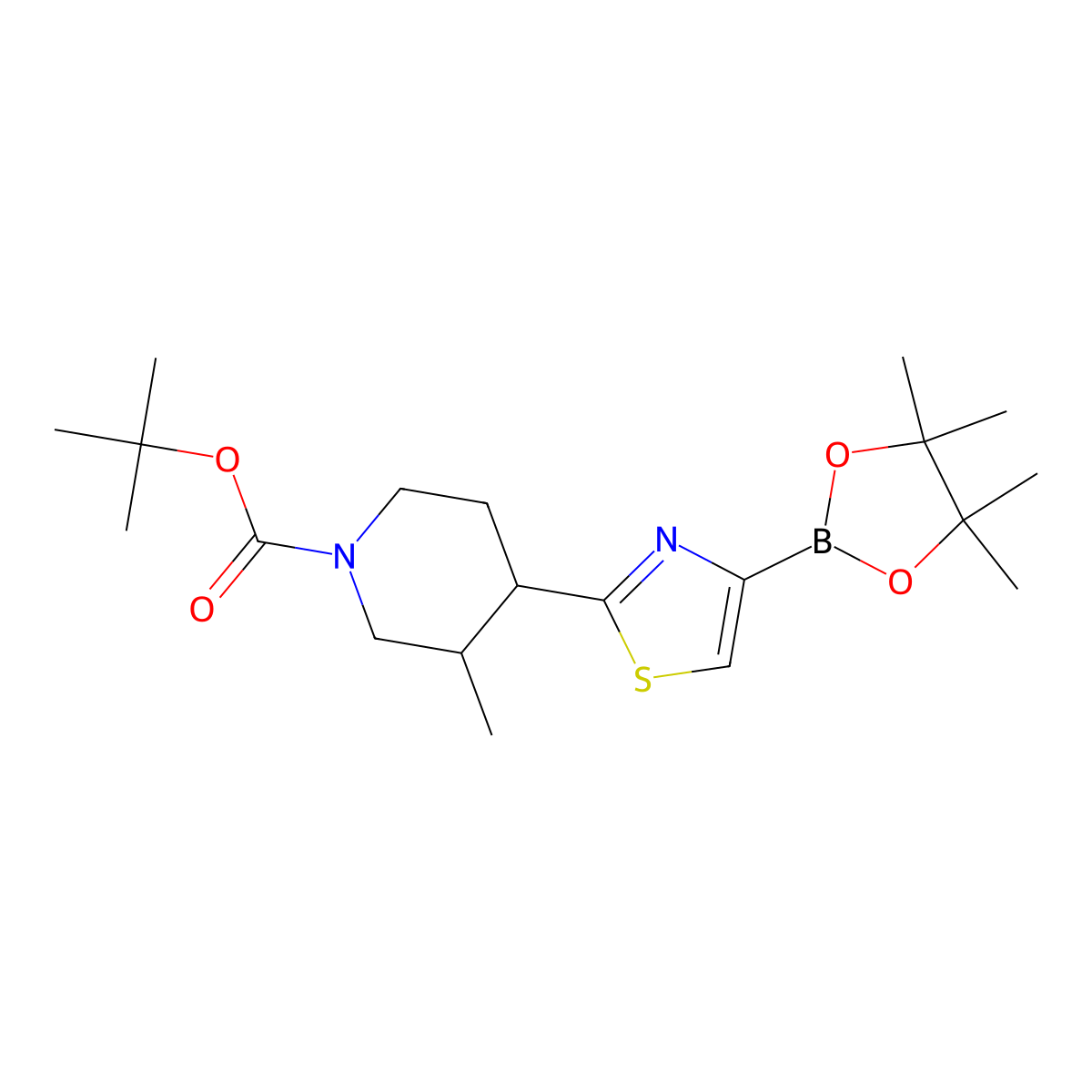 Tert-butyl 3-methyl-4-(4-(4,4,5,5-tetramethyl-1,3,2-dioxaborolan-2-yl)thiazol-2-yl)piperidine-1-carboxylate molecular structure, CAS 2819706-91-5