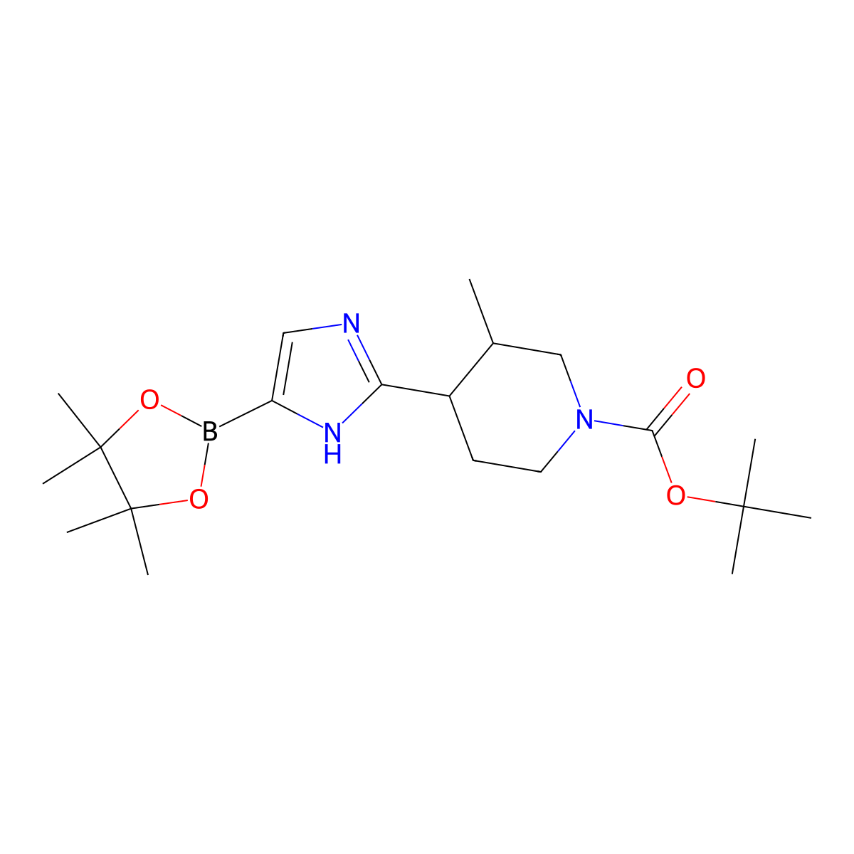 tert-butyl 3-methyl-4-(5-(4,4,5,5-tetramethyl-1,3,2-dioxaborolan-2-yl)-1H-imidazol-2-yl)piperidine-1-carboxylate molecular structure, CAS 2819706-92-6