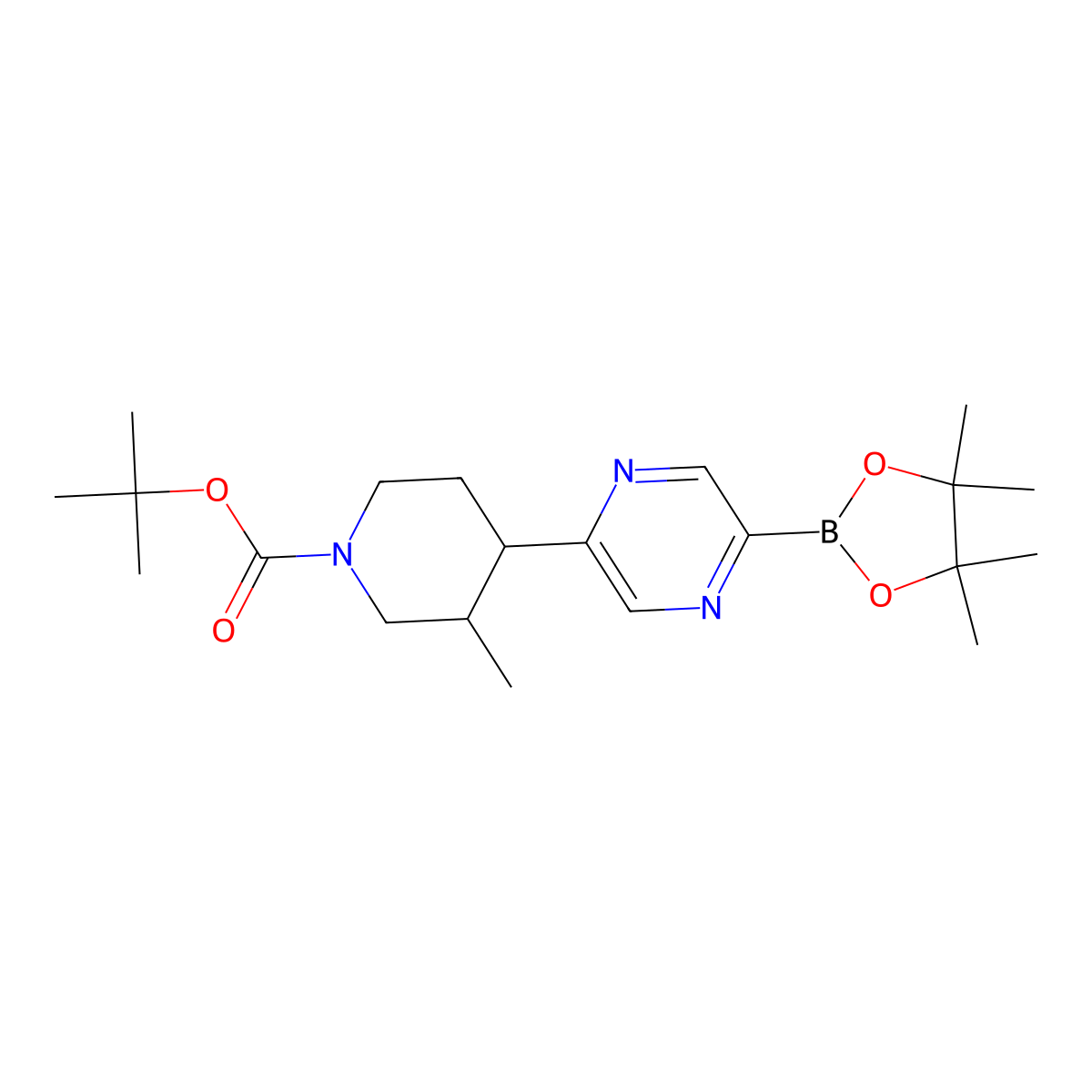 Tert-butyl 3-methyl-4-(5-(4,4,5,5-tetramethyl-1,3,2-dioxaborolan-2-yl)pyrazin-2-yl)piperidine-1-carboxylate molecular structure, CAS 2819706-98-2