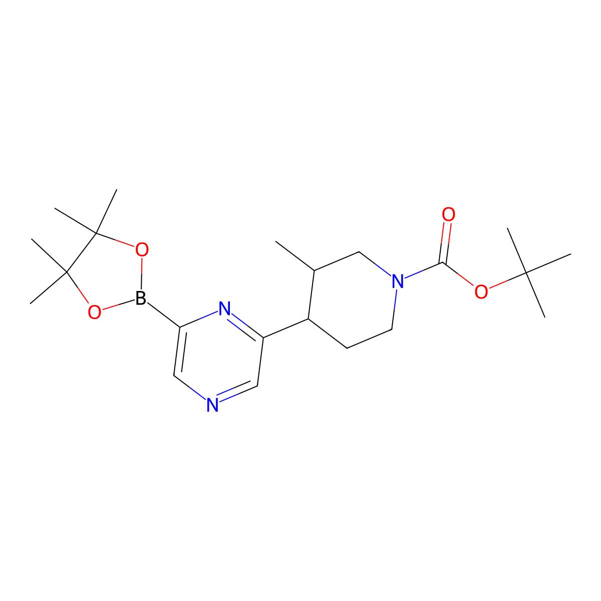 Tert-butyl 3-methyl-4-(6-(4,4,5,5-tetramethyl-1,3,2-dioxaborolan-2-yl)pyrazin-2-yl)piperidine-1-carboxylate molecular structure, CAS 2819706-99-3