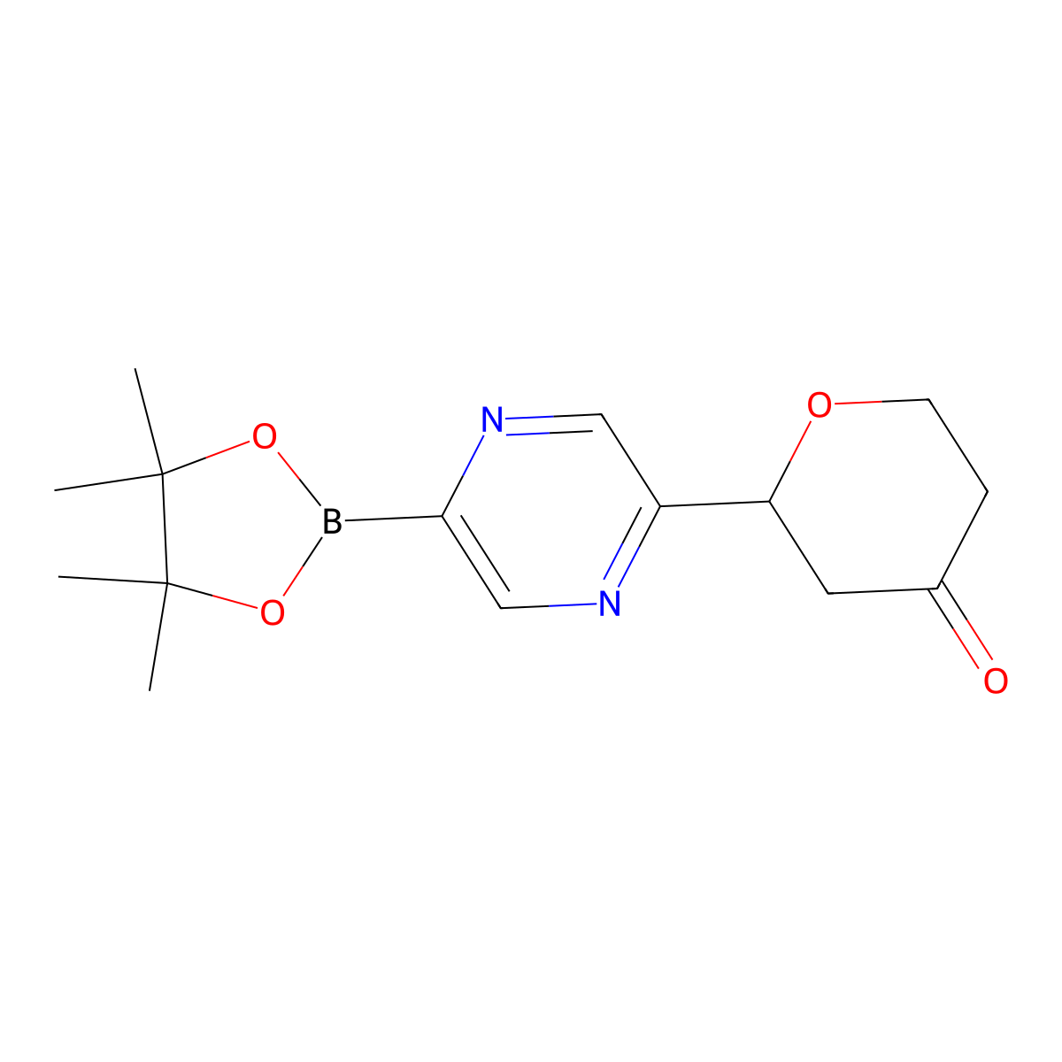 2-(5-(4,4,5,5-tetramethyl-1,3,2-dioxaborolan-2-yl)pyrazin-2-yl)tetrahydro-4H-pyran-4-one molecular structure, CAS 2819707-12-3