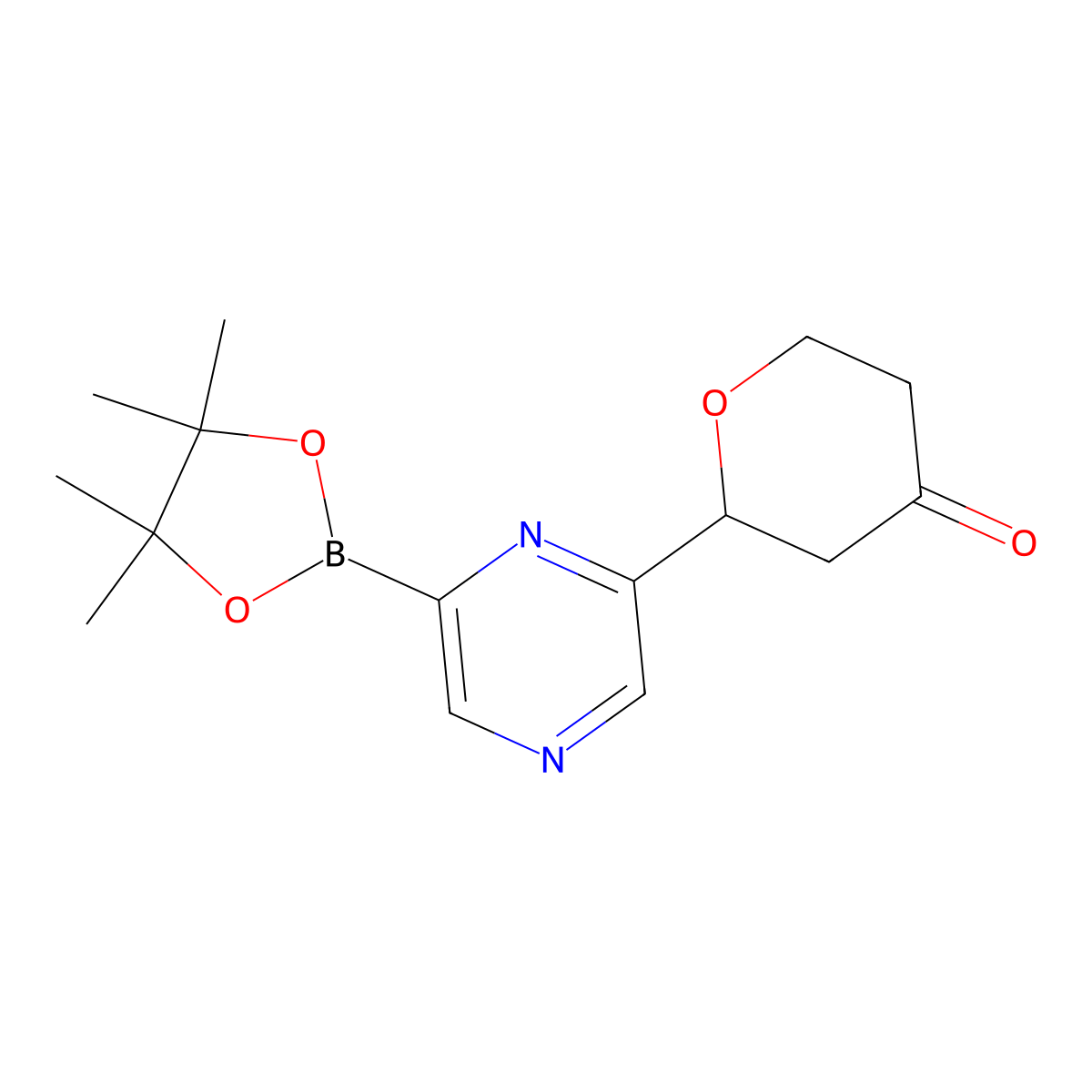 2-(6-(4,4,5,5-tetramethyl-1,3,2-dioxaborolan-2-yl)pyrazin-2-yl)tetrahydro-4H-pyran-4-one molecular structure, CAS 2819707-13-4