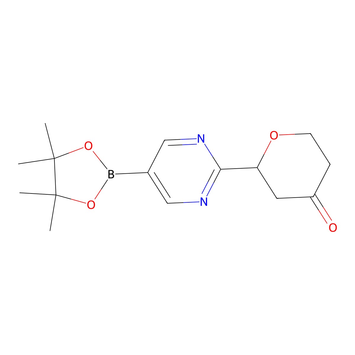 2-(5-(4,4,5,5-tetramethyl-1,3,2-dioxaborolan-2-yl)pyrimidin-2-yl)tetrahydro-4H-pyran-4-one molecular structure, CAS 2819707-14-5
