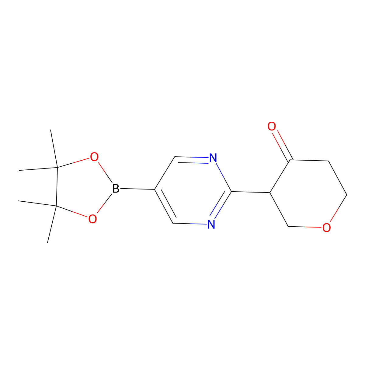 3-(5-(4,4,5,5-tetramethyl-1,3,2-dioxaborolan-2-yl)pyrimidin-2-yl)tetrahydro-4H-pyran-4-one molecular structure, CAS 2819707-24-7