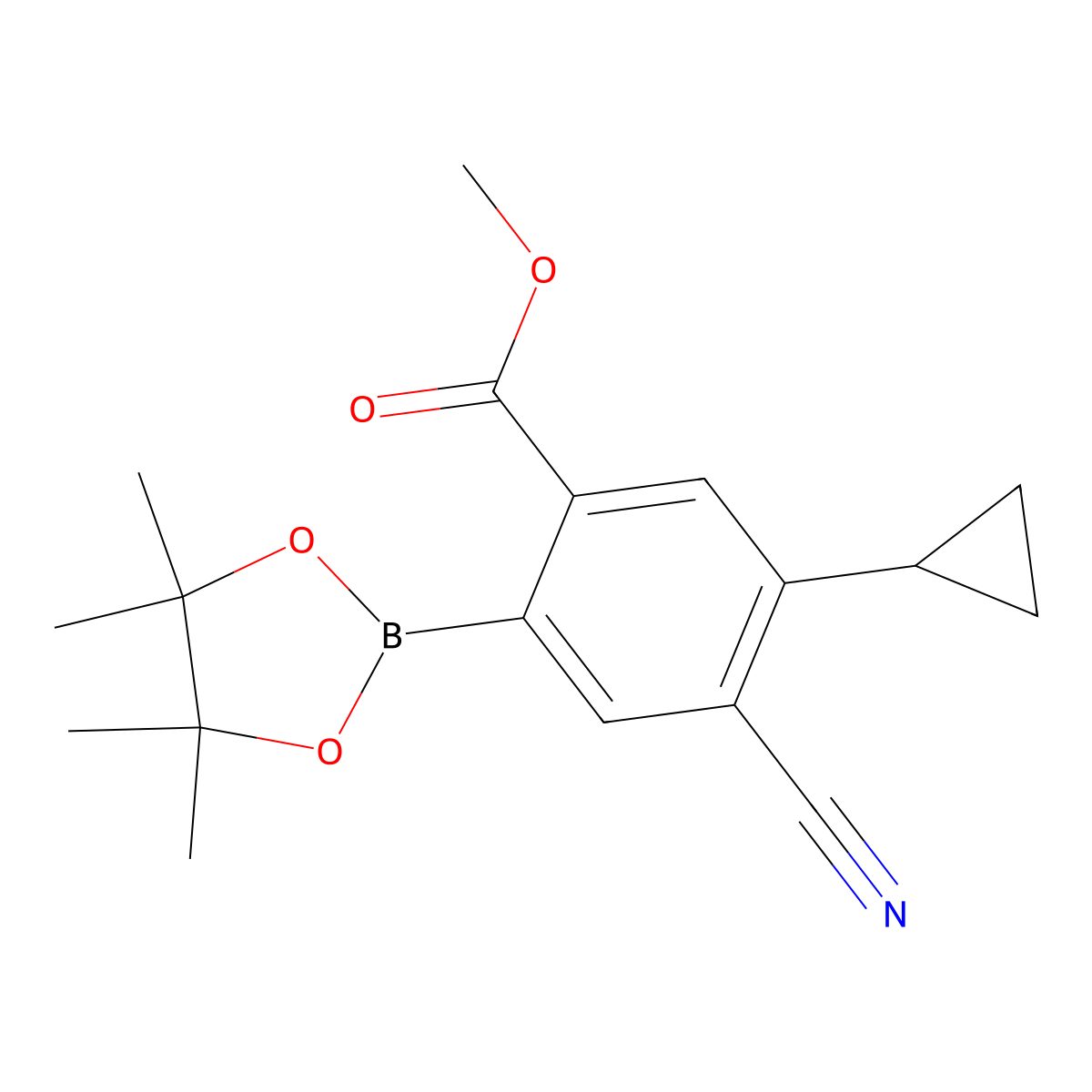 Methyl 4-cyano-5-cyclopropyl-2-(4,4,5,5-tetramethyl-1,3,2-dioxaborolan-2-yl)benzoate molecular structure, CAS 2819708-43-3