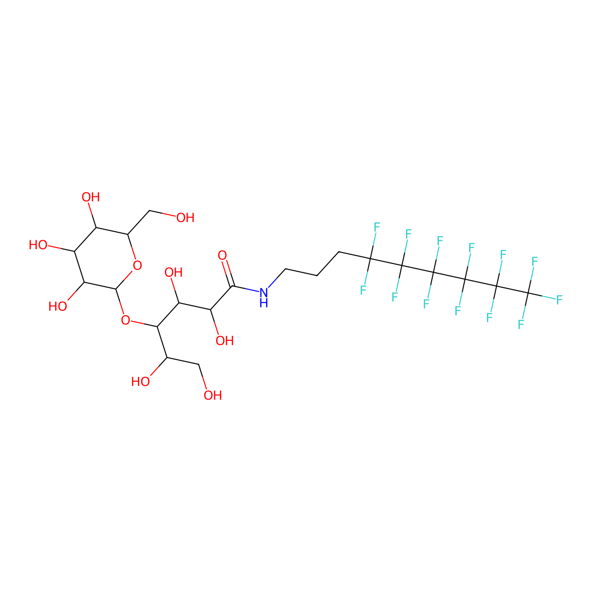 (2R,3R,4R,5R)-2,3,5,6-tetrahydroxy-N-(4,4,5,5,6,6,7,7,8,8,9,9,9-tridecafluorononyl)-4-(((2S,3R,4S,5R,6R)-3,4,5-trihydroxy-6-(hydroxymethyl)tetrahydro-2H-pyran-2-yl)oxy)hexanamide molecular structure, CAS 2820046-26-0