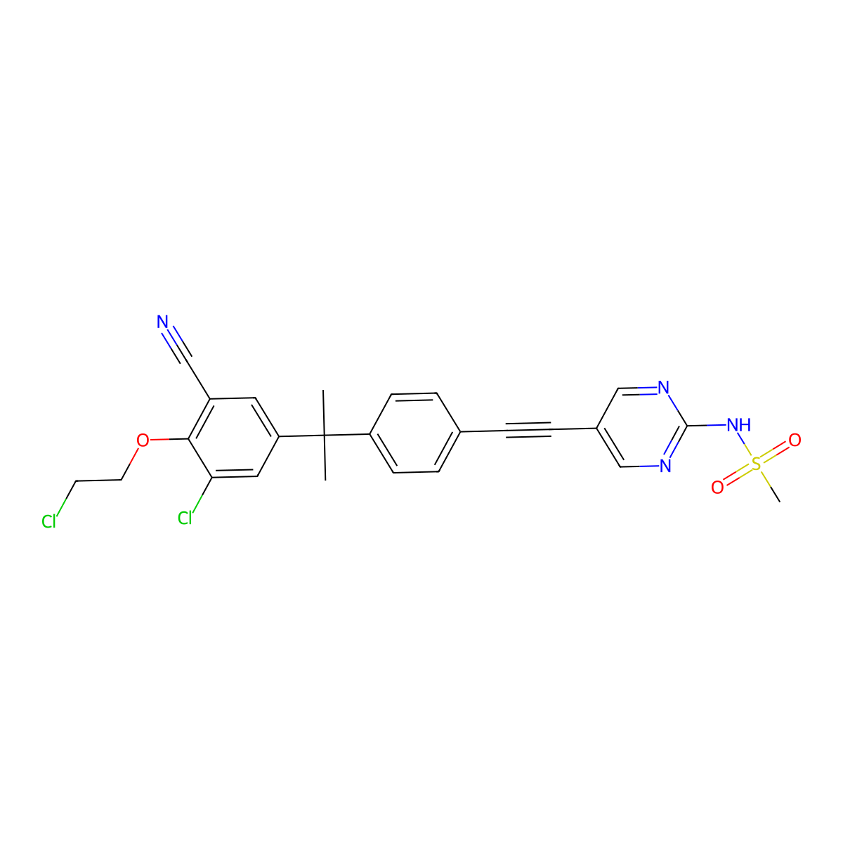 N-(5-((4-(2-(3-chloro-4-(2-chloroethoxy)-5-cyanophenyl)propan-2-yl)phenyl)ethynyl)pyrimidin-2-yl)methanesulfonamide molecular structure, CAS 2820120-95-2