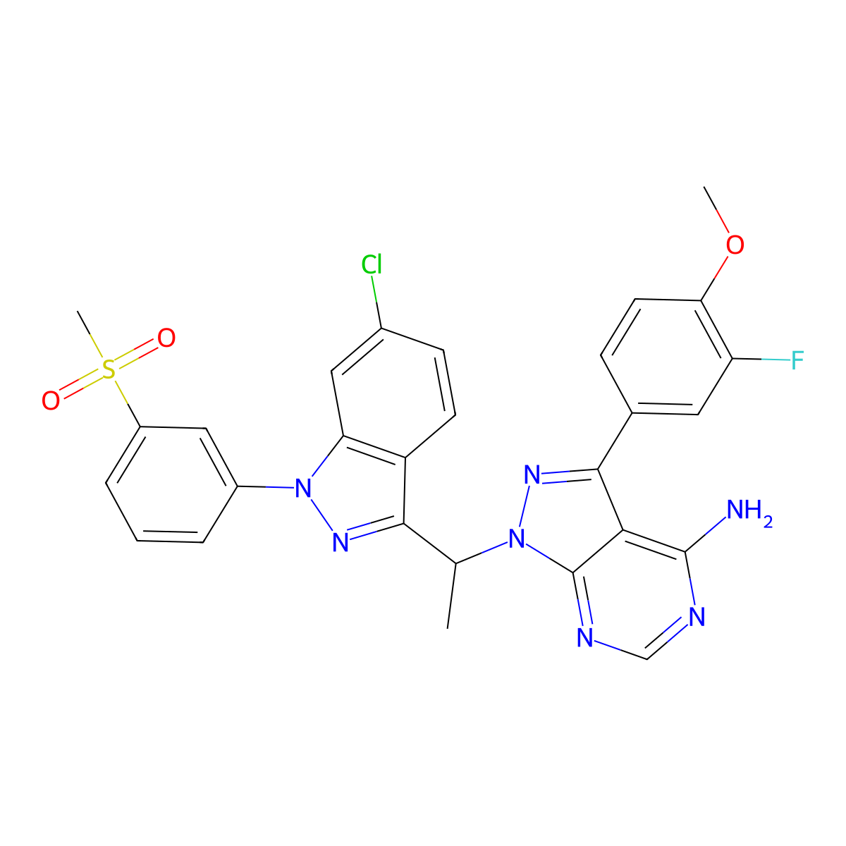 1-[1-[6-Chloro-1-(3-methylsulfonylphenyl)indazol-3-yl]ethyl]-3-(3-fluoro-4-methoxyphenyl)pyrazolo[3,4-d]pyrimidin-4-amine molecular structure, CAS 2820244-59-3