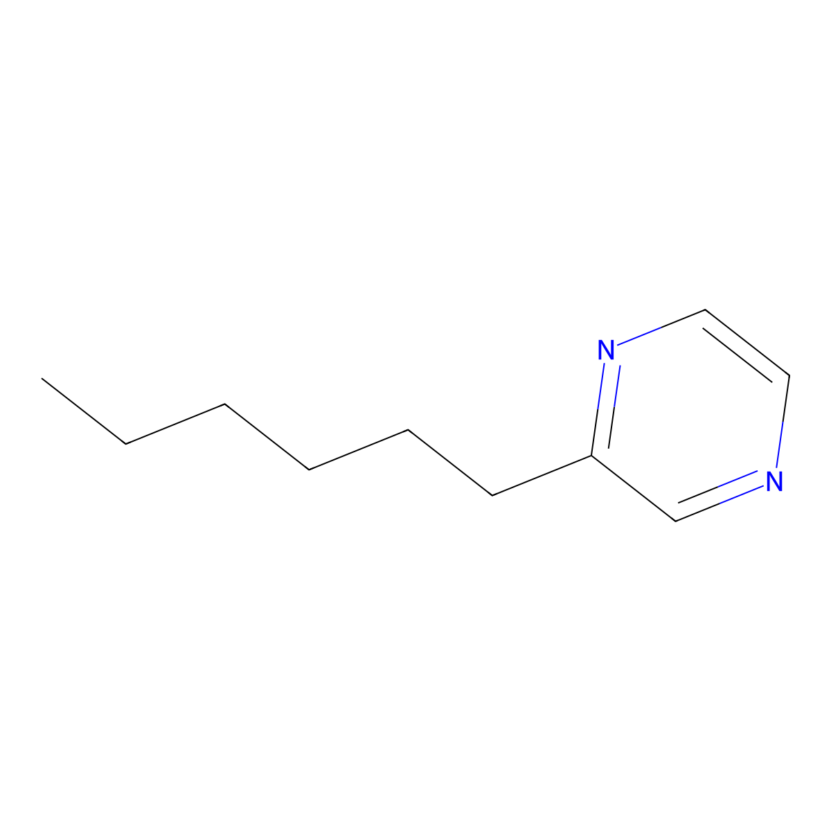 Pyrazine, 2-hexyl- molecular structure, CAS 28217-91-6