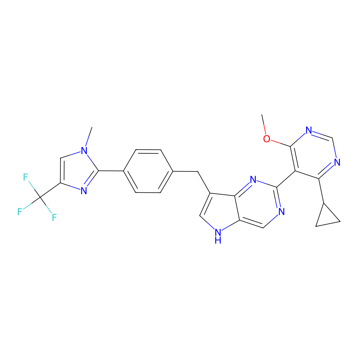 2-(4-cyclopropyl-6-methoxypyrimidin-5-yl)-7-[[4-[1-methyl-4-(trifluoromethyl)imidazol-2-yl]phenyl]methyl]-5H-pyrrolo[3,2-d]pyrimidine molecular structure, CAS 2821749-57-7