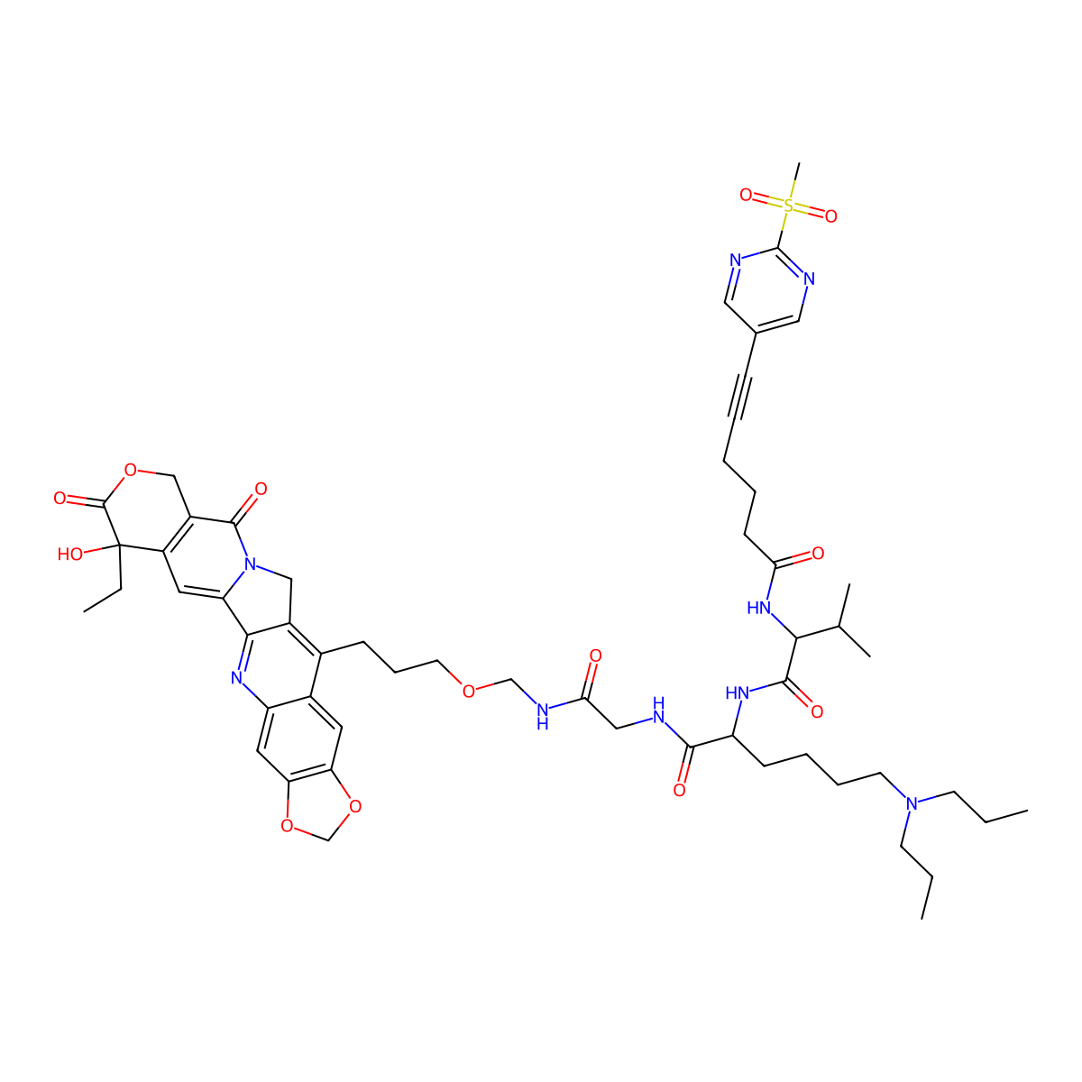 N-((11S,14S)-11-(4-(Dipropylamino)butyl)-1-((S)-7-ethyl-7-hydroxy-8,11-dioxo-7,8,11,13-tetrahydro-10H-[1,3]dioxolo[4,5-g]pyrano[3',4':6,7]indolizino[1,2-b]quinolin-14-yl)-15-methyl-7,10,13-trioxo-4-oxa-6,9,12-triazahexadecan-14-yl)-6-(2-(methylsulfonyl)pyrimidin-5-yl)hex-5-ynamide molecular structure, CAS 2821770-49-2