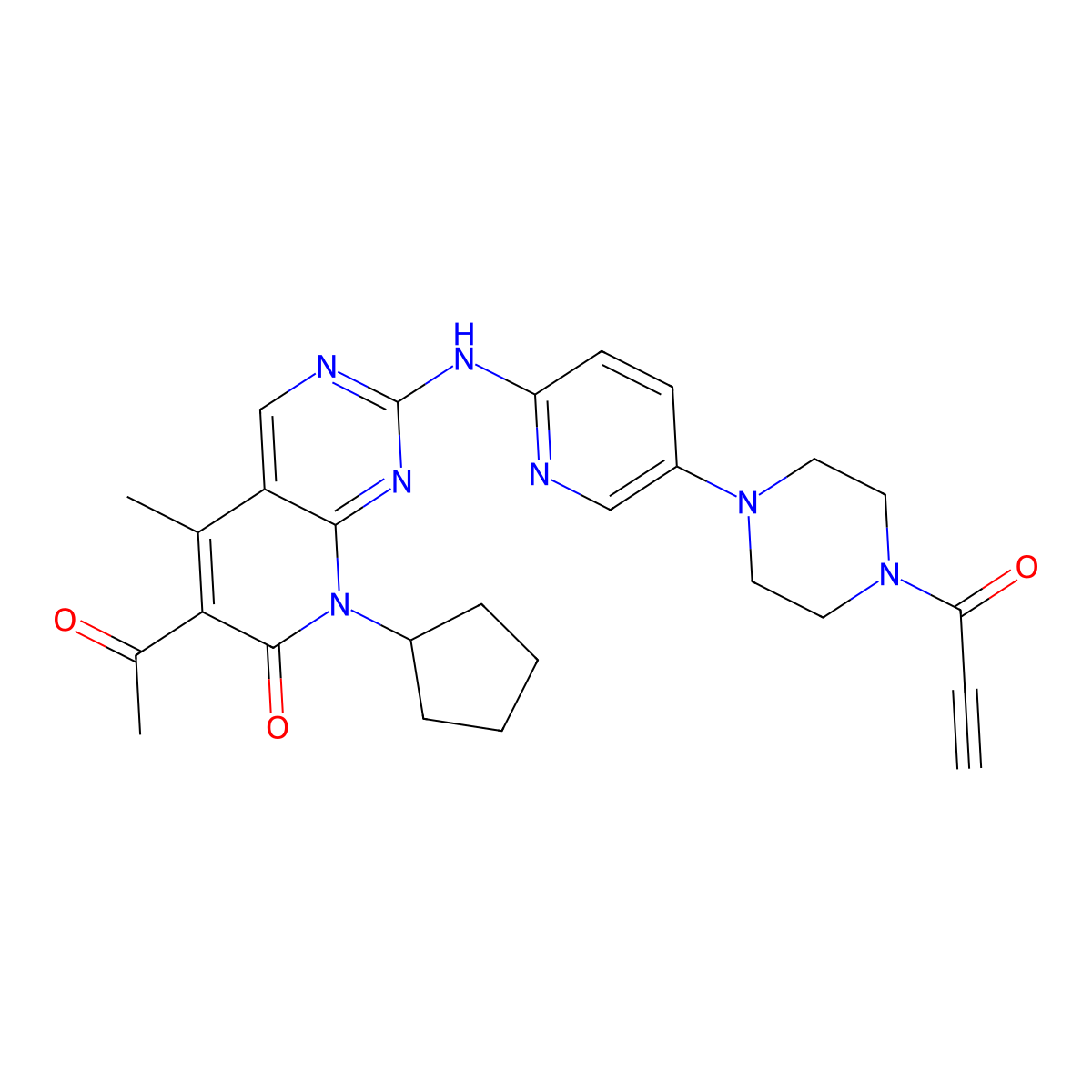 6-acetyl-8-cyclopentyl-5-methyl-2-({5-[4-(prop-2-ynoyl)piperazin-1-yl]pyridin-2-yl}amino)-7H,8H-pyrido[2,3-d]pyrimidin-7-one molecular structure, CAS 2821803-52-3
