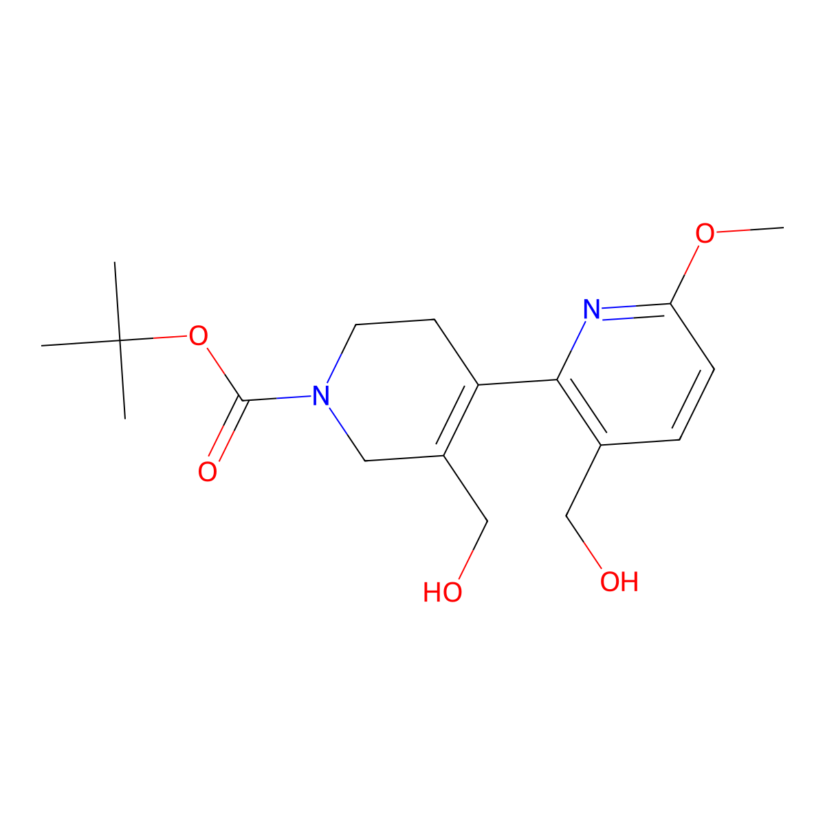tert-butyl 3,3'-bis(hydroxymethyl)-6-methoxy-5',6'-dihydro-[2,4'-bipyridine]-1'(2'H)-carboxylate molecular structure, CAS 2821868-00-0