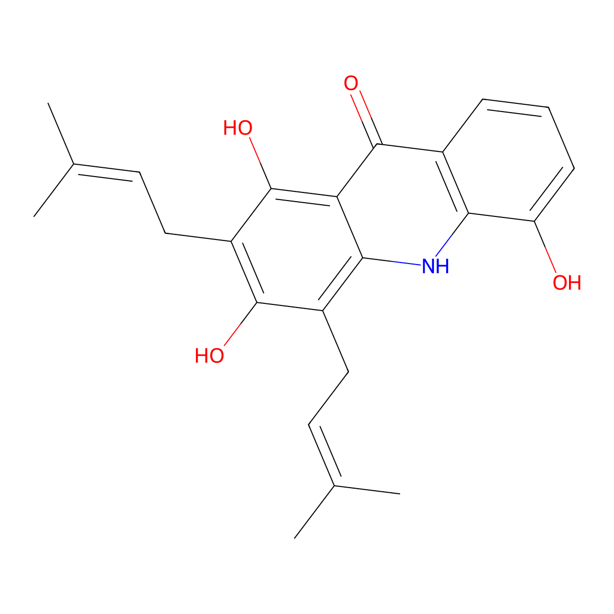 1,3,5-Trihydroxy-2,4-bis(3-methyl-2-buten-1-yl)-9(10H)-acridinone molecular structure, CAS 28233-35-4