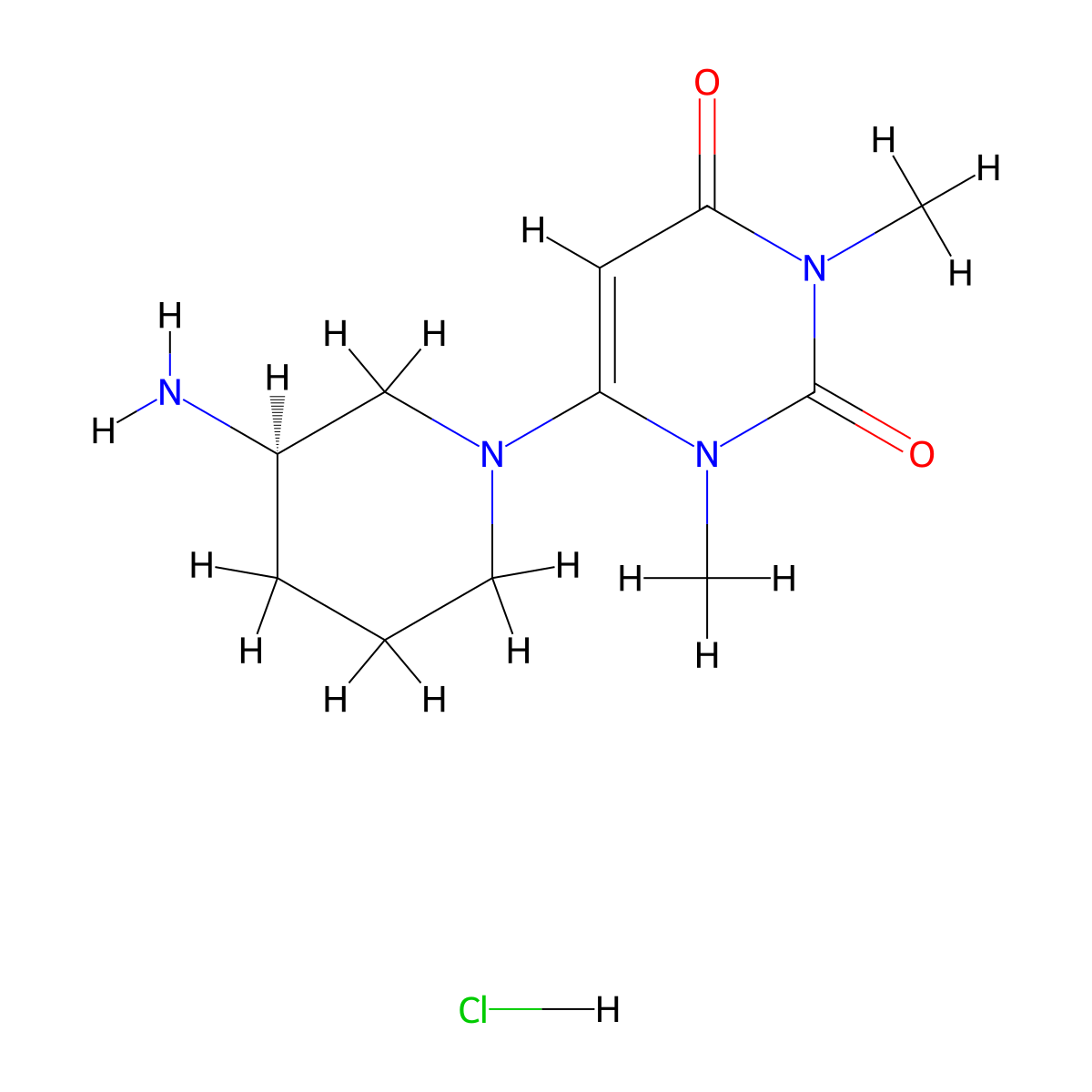 6-[(3R)-3-aminopiperidin-1-yl]-1,3-dimethyl-1,2,3,4-tetrahydropyrimidine-2,4-dione hydrochloride molecular structure, CAS 2824987-08-6