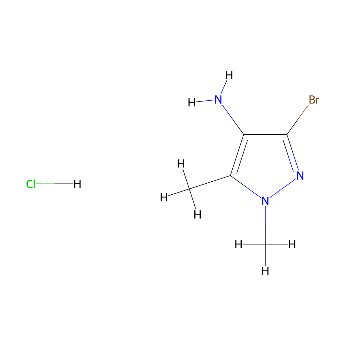 3-bromo-1,5-dimethyl-1H-pyrazol-4-aminehydrochloride molecular structure, CAS 2825006-49-1