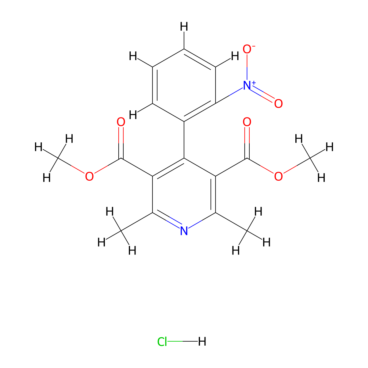 3,5-Dimethyl 2,6-dimethyl-4-(2-nitrophenyl)pyridine-3,5-dicarboxylate hydrochloride molecular structure, CAS 2825006-69-5