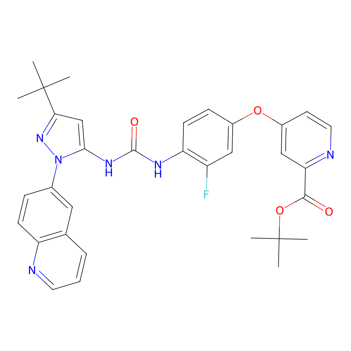 tert-butyl 4-[4-({[3-tert-butyl-1-(quinolin-6-yl)-1H-pyrazol-5-yl]carbamoyl}amino)-3-fluorophenoxy]pyridine-2-carboxylate molecular structure, CAS 2825006-81-1
