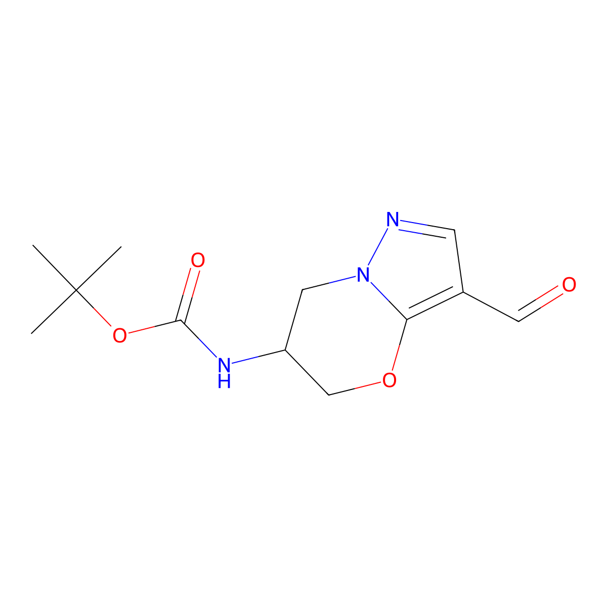 tert-butylN-{3-formyl-5H,6H,7H-pyrazolo[3,2-b][1,3]oxazin-6-yl}carbamate molecular structure, CAS 2825007-31-4