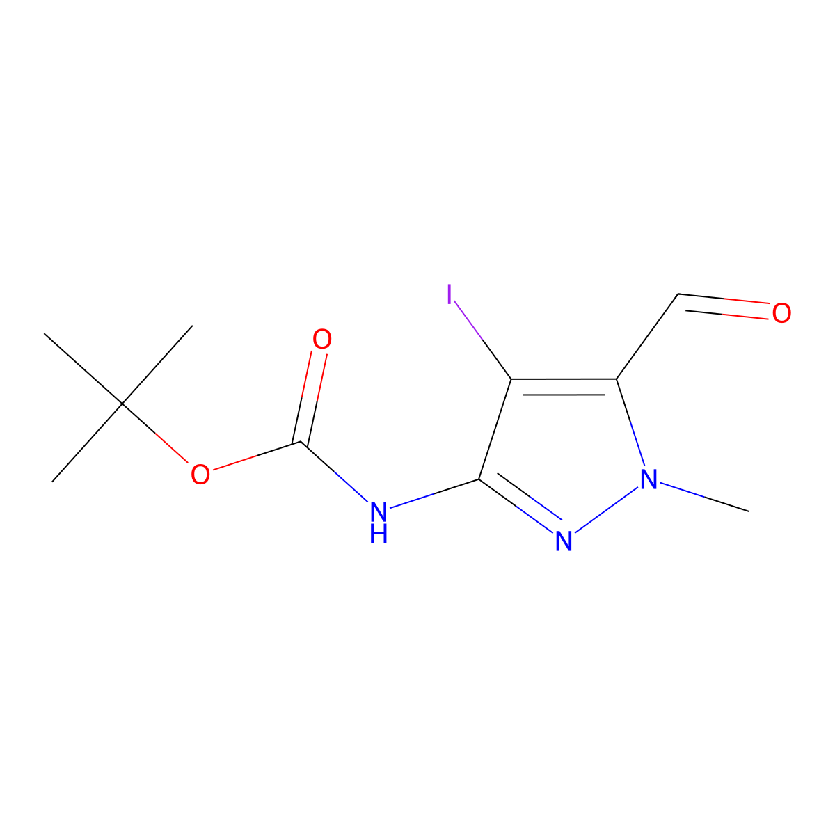 tert-butyl N-(5-formyl-4-iodo-1-methyl-1H-pyrazol-3-yl)carbamate molecular structure, CAS 2825008-51-1