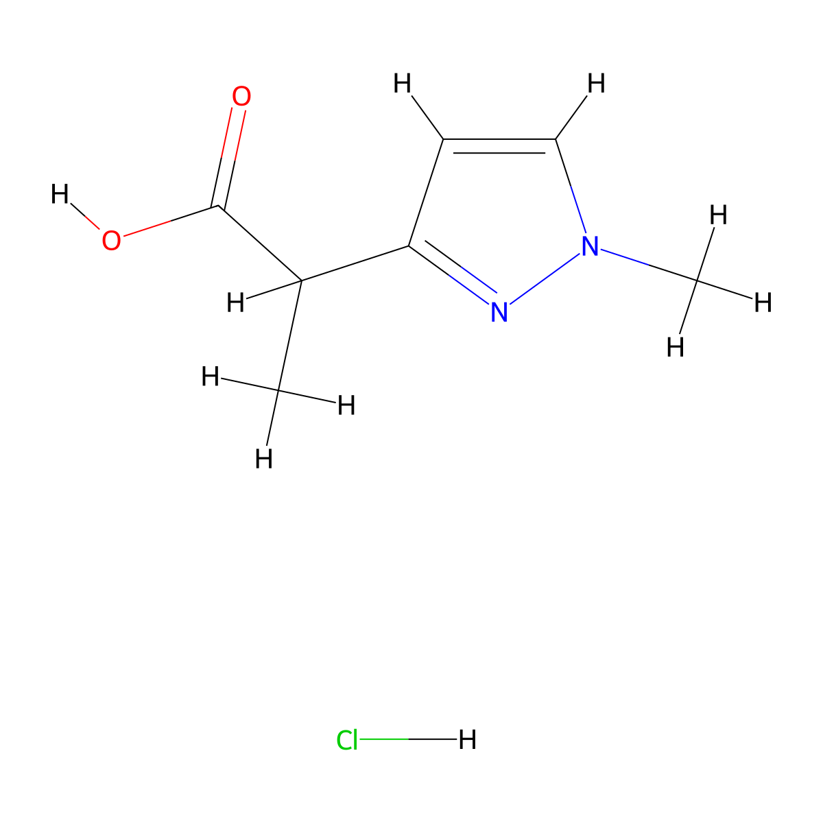 2-(1-methyl-1H-pyrazol-3-yl)propanoic acid hydrochloride molecular structure, CAS 2825011-46-7