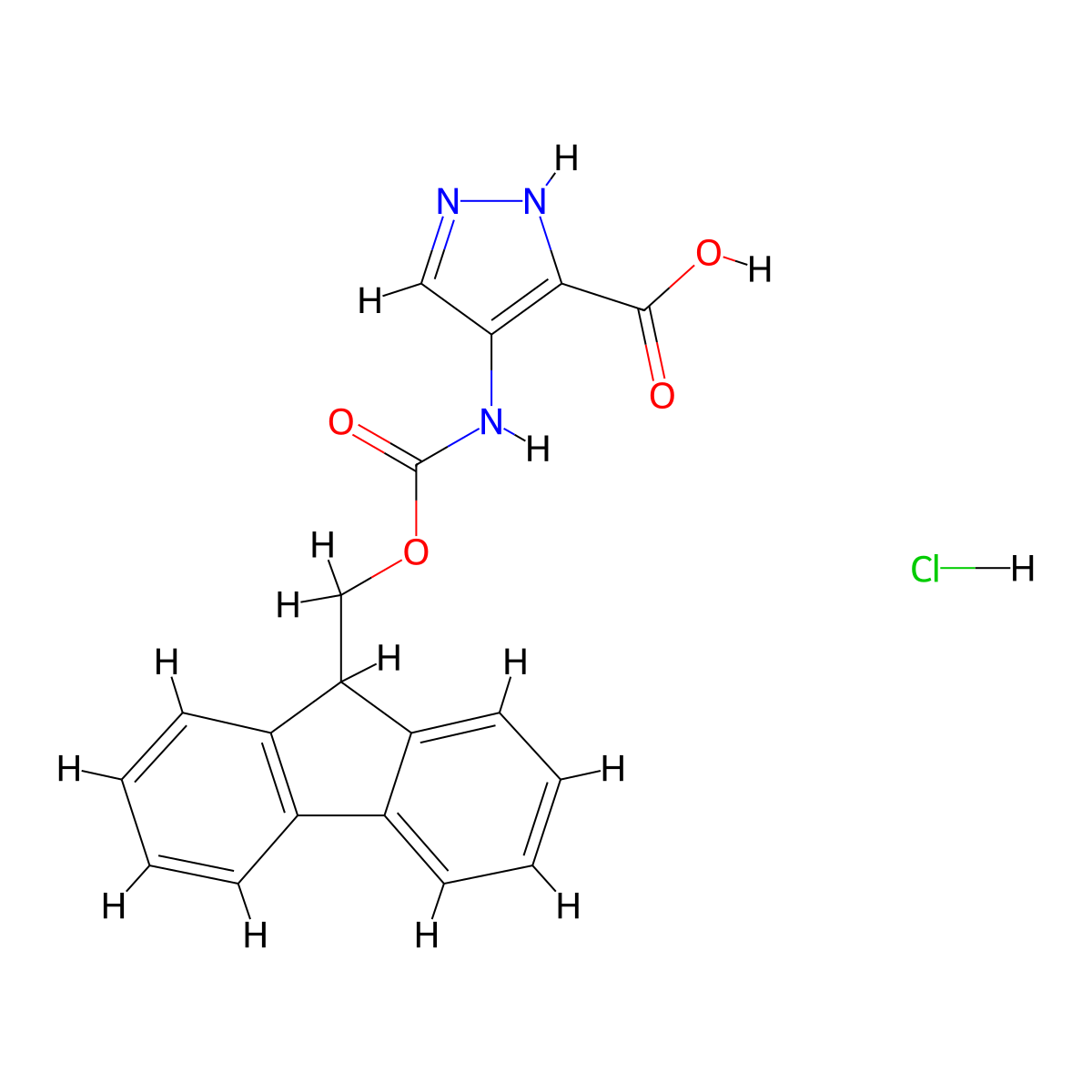 4-({[(9H-fluoren-9-yl)methoxy]carbonyl}amino)-1H-pyrazole-3-carboxylic acid hydrochloride molecular structure, CAS 2825011-85-4