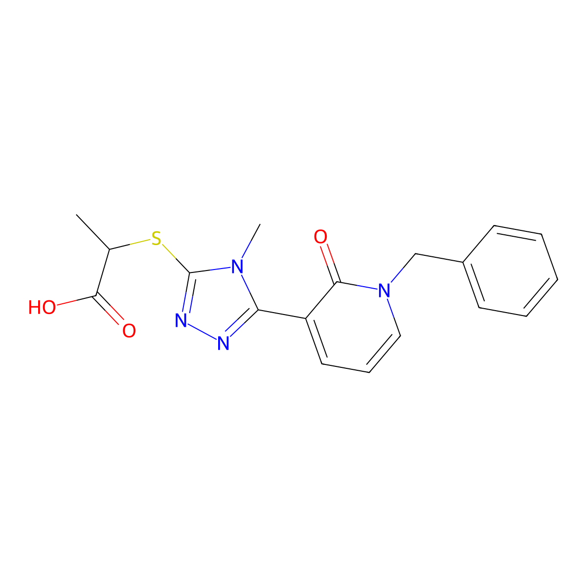2-((5-(1-Benzyl-2-oxo-1,2-dihydropyridin-3-yl)-4-methyl-4H-1,2,4-triazol-3-yl)thio)propanoic acid molecular structure, CAS 282523-27-7