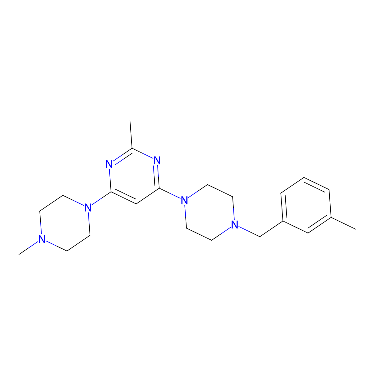2-Methyl-4-{4-[(3-methylphenyl)methyl]piperazin-1-yl}-6-(4-methylpiperazin-1-yl)pyrimidine molecular structure, CAS 2827347-46-4