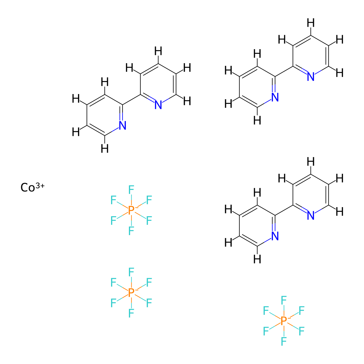 Cobalt(3+), tris(2,2′-bipyridine-κN1,κN1′)-, (OC-6-11)-, hexafluorophosphate(1-) (1:3) , Co(bpy)3(PF6)3 molecular structure, CAS 28277-53-4