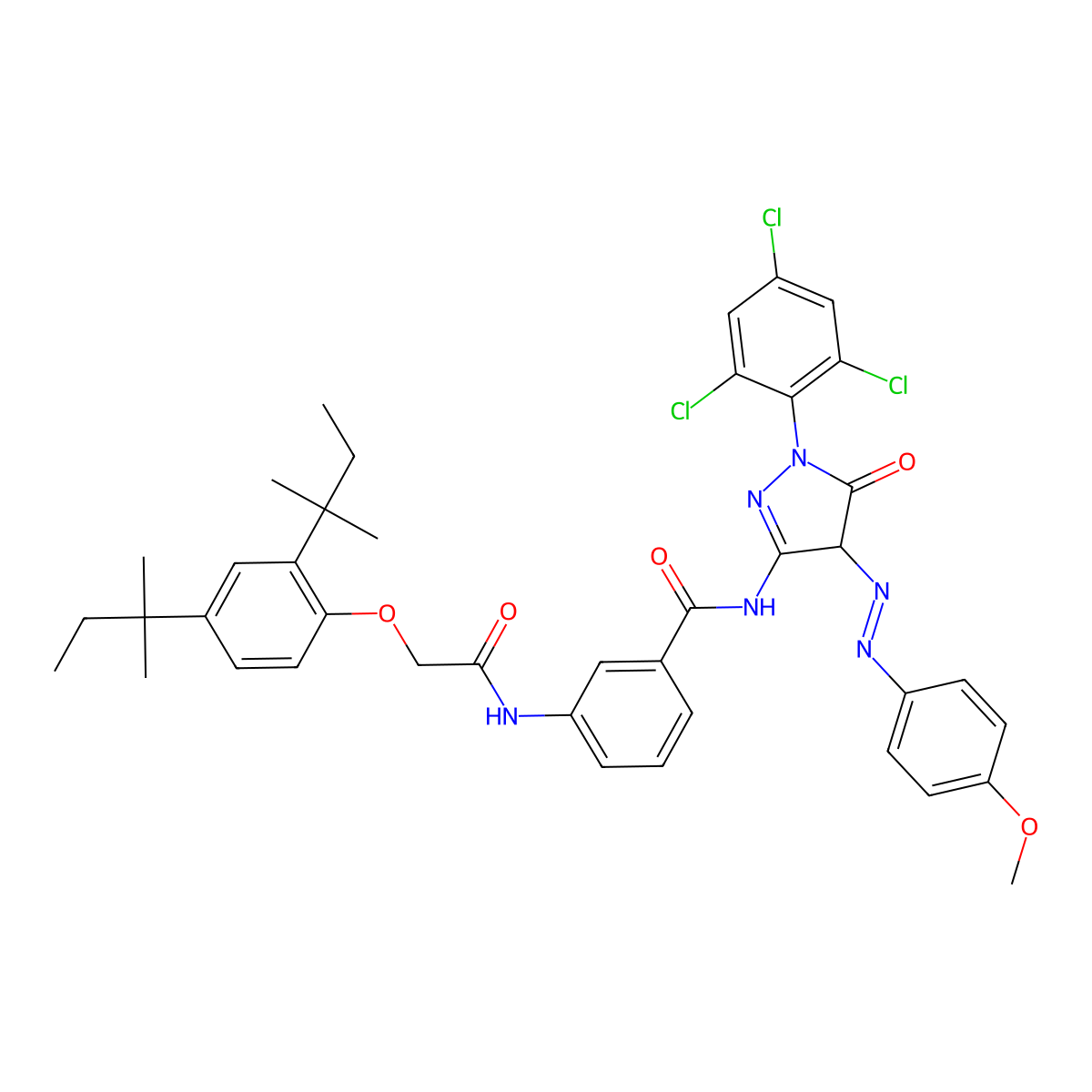 Benzamide, 3-[[2-[2,4-bis(1,1-dimethylpropyl)phenoxy]acetyl]amino]-N-[4,5-dihydro-4-[2-(4-methoxyphenyl)diazenyl]-5-oxo-1-(2,4,6-trichlorophenyl)-1H-pyrazol-3-yl]- molecular structure, CAS 28279-36-9