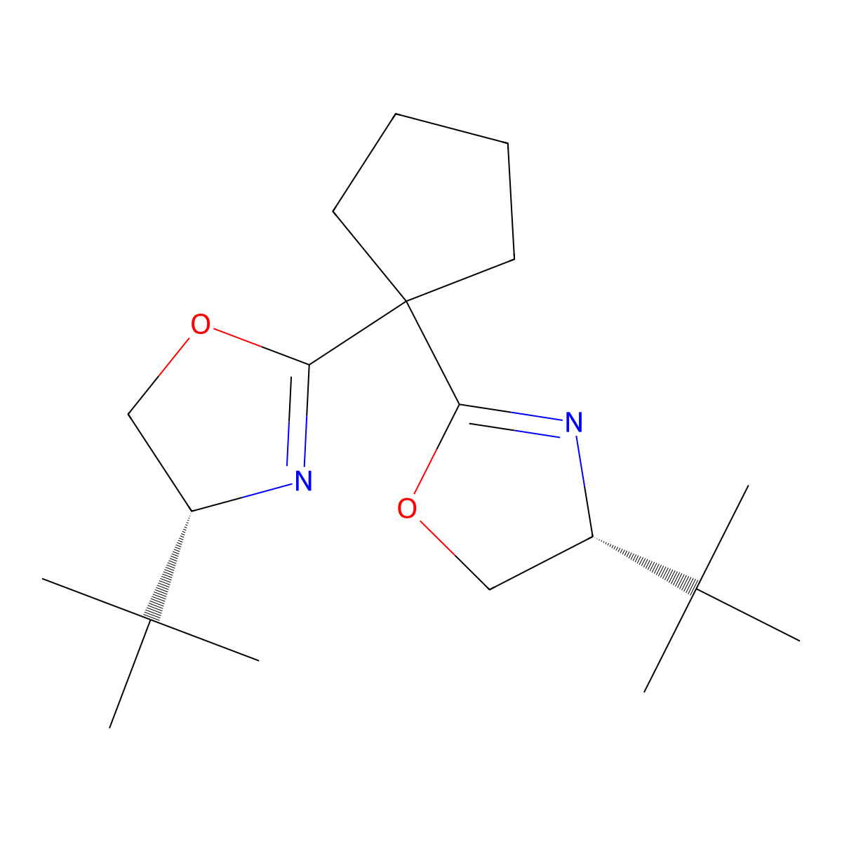 (4R,4'R)-2,2'-(Cyclopentane-1,1-diyl)bis(4-(tert-butyl)-4,5-dihydrooxazole) molecular structure, CAS 2828431-98-5