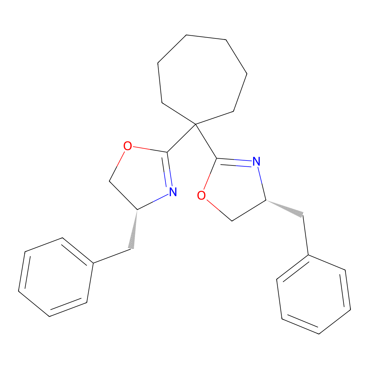 (4R,4'R)-2,2'-(Cycloheptane-1,1-diyl)bis(4-benzyl-4,5-dihydrooxazole) molecular structure, CAS 2828432-00-2